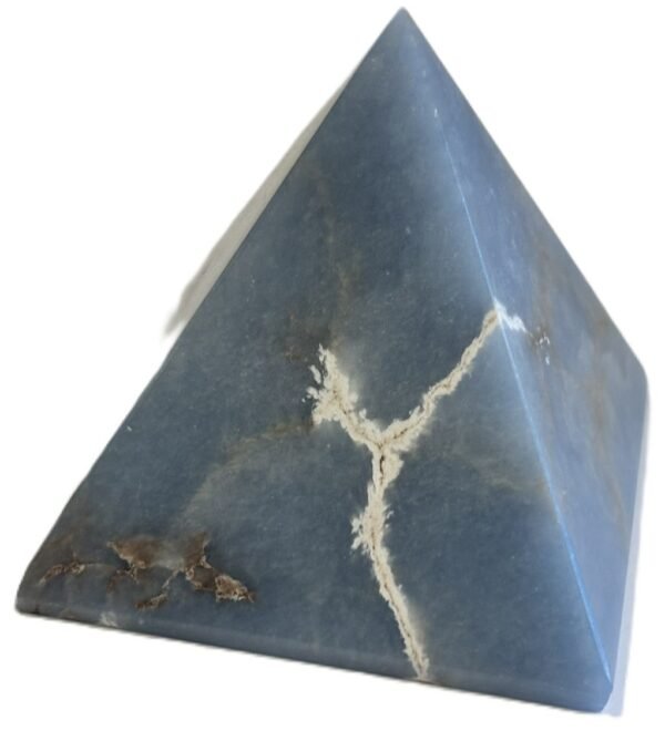 Polished natural angelite crystal pyramid 1 sians emporium Polished blue angelite four sided pyramid showing natural white veining and earthy inclusions on a white background